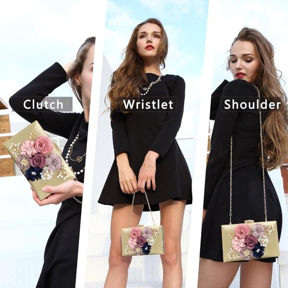 Women's Metal Leaves Flower Evening Bride Wedding Floral Clutch Bag - Picture 2 of 7